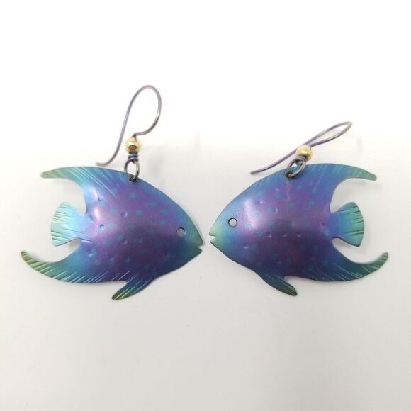 Vintage Blue and Purple Angel Fish Dangle Earrings, Retro, Metal, Estate - Picture 1 of 4